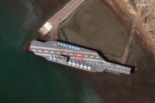 A mock-up aircraft carrier built by Iran is seen at Bandar Abbas, Iran, in February 2020.