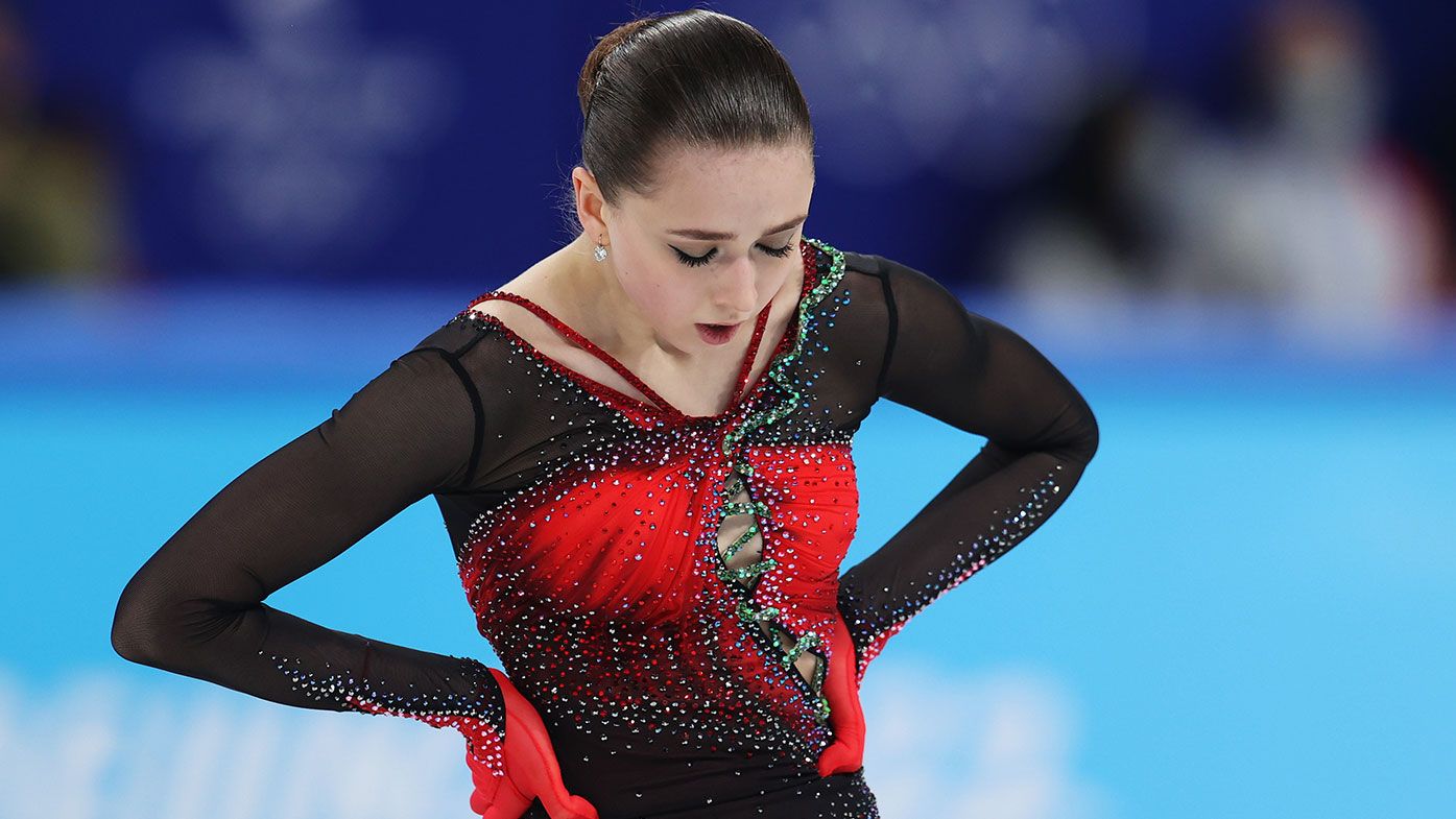 Kamila Valieva of Team ROC reacts after skating during the Women Single Skating Free Skating 