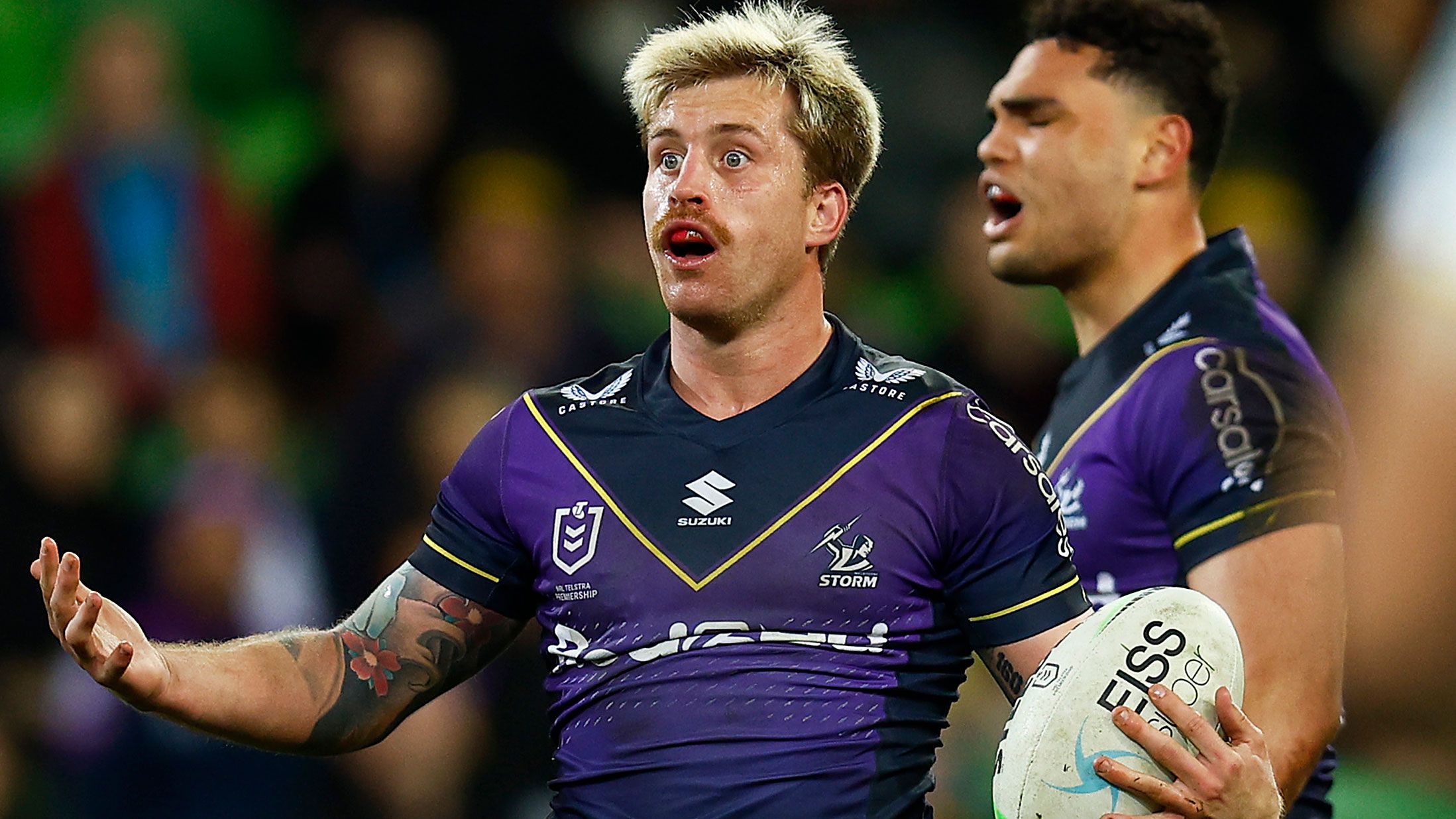 Cameron Munster reacts during the Storm&#x27;s round 21 clash with the Titans. 