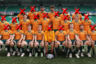 The Wallabies pose for the team photograph ahead of their Rugby World Cup France 2023 match against Portugal.