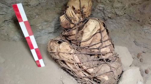 The mummy was tied with ropes and with its hands covering its face, in what researchers say is a southern Peruvian funeral custom.