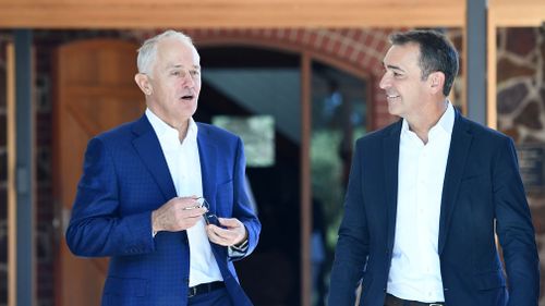 South Australian Liberal leader Steven Marshall (right) with Australian Prime Minister Malcolm Turnbull leave the Wirra Wirra Vineyards in McLaren Vale. (AAP)