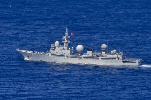 In this image supplied by the AustralianPeoples Liberation Army-Navy (PLA-N) Intelligence Collection Vessel Haiwangxing operating off the north-west shelf of Australia Wednesday May 11, 2022. Australian Minister of Defence, Peter Dutton said Friday, May 13, 2022, that a Chinese warship with spying capabilities had been hugging the western coastline in what amounted to an aggressive act. (Australian Defence Dept via AP)