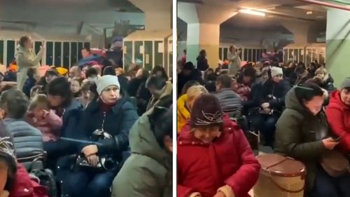 Ukrainians sheltering in an underground bunker sing their national anthem