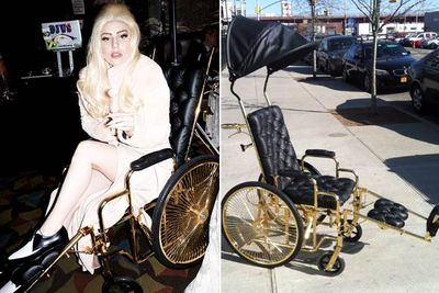 As Gaga recovered from hip surgery last year, she decided not to roll around in just any ordinary wheelchair. Instead, she commissioned Ken Borochov from luxury brand Mordekai to make her a 24-carat gold-plated wheelchair.<br/><br/>Designer Ken created the "chariot" in one week, taking inspiration from a throne. Ken wouldn't disclose how much Gaga paid for the wheelchair, but apparently the chair's weight of gold costs around $2800 alone.<br/><br/>Images: Twitter/Splash