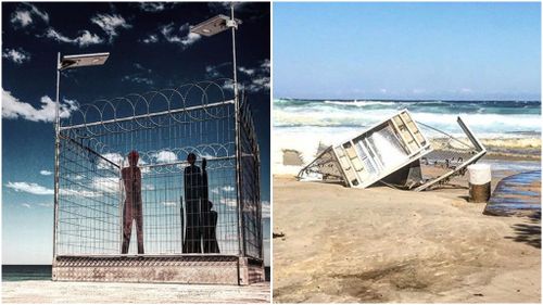 Several art exhbits, like 'Fair Dinkum Offshore Processing', have been damaged by high tides on Sydney's Tamarama Beach. (Instagram)