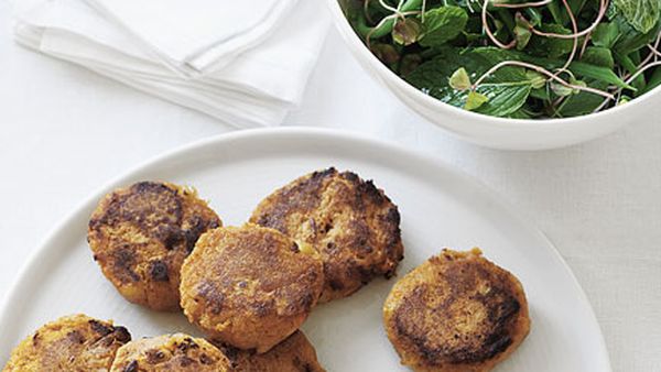 Chickpea and sweet potato cakes with green bean and mint salad