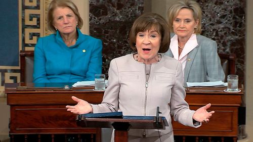 Maine Republican Sen Collins announced her decision today in a Senate speech that was disrupted by protesters before it even began and met with applause when it ended. 