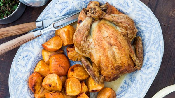 Roast chicken with persimmons and puy lentils