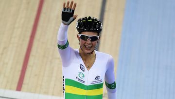 Melissa Hoskins salutes at the 2012 UCI Track Cycling World Cup.