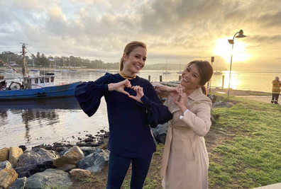 Tracy Vo and Ally Langdon pictured at Batemans Bay during Today's special bushfire relief broadcast.