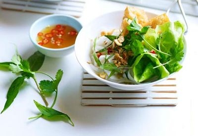 Rice noodles with tofu puffs, Asian herbs and nuoc cham