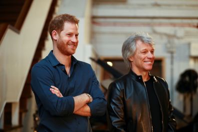 Prince Harry speaks with Jon Bon Jovi at Abbey Road Studios