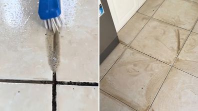 Clean Like a Pro grout transformed with Oates long handle grout cleaning brush and Pro Degreaser