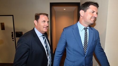 BS Managing Director Asia Pacific Stephen White and CBS Vice President of Communications Luke Fredberg (right) leave after a Channel Ten creditors meeting at the Marriott Hotel in Sydney. (AAP)