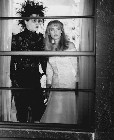 Edward Scissorhands set photo Johnny Depp is "Edward Scissorhands," and Winona Ryder is Kim Boggs