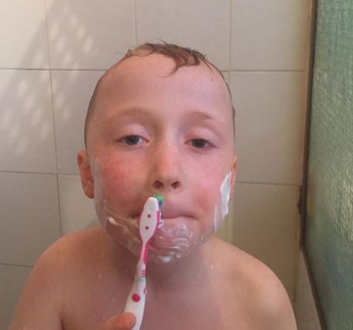 When eight-year-old Jack pretends to shave his face.