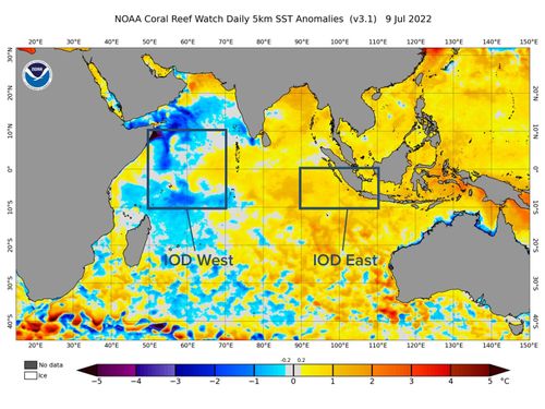 Sea surface temperature anomalies on July 9, in the two key IOD monitoring regions of the Indian Ocean. 