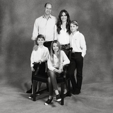 This undated handout photo provided by Kensington Palace show Britain's Prince William and Kate, Princess of Wales with their three children Prince George, Princess Charlotte and Prince Louis, in a photograph that features on the family's 2023 Christmas card. (Josh Shinner/Kensington Palace via AP)