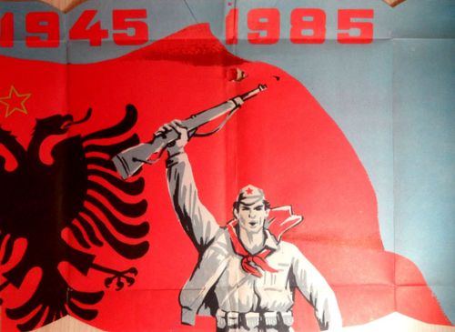 A Cold War era propaganda poster celebrating the rule of Enver Hoxha. 