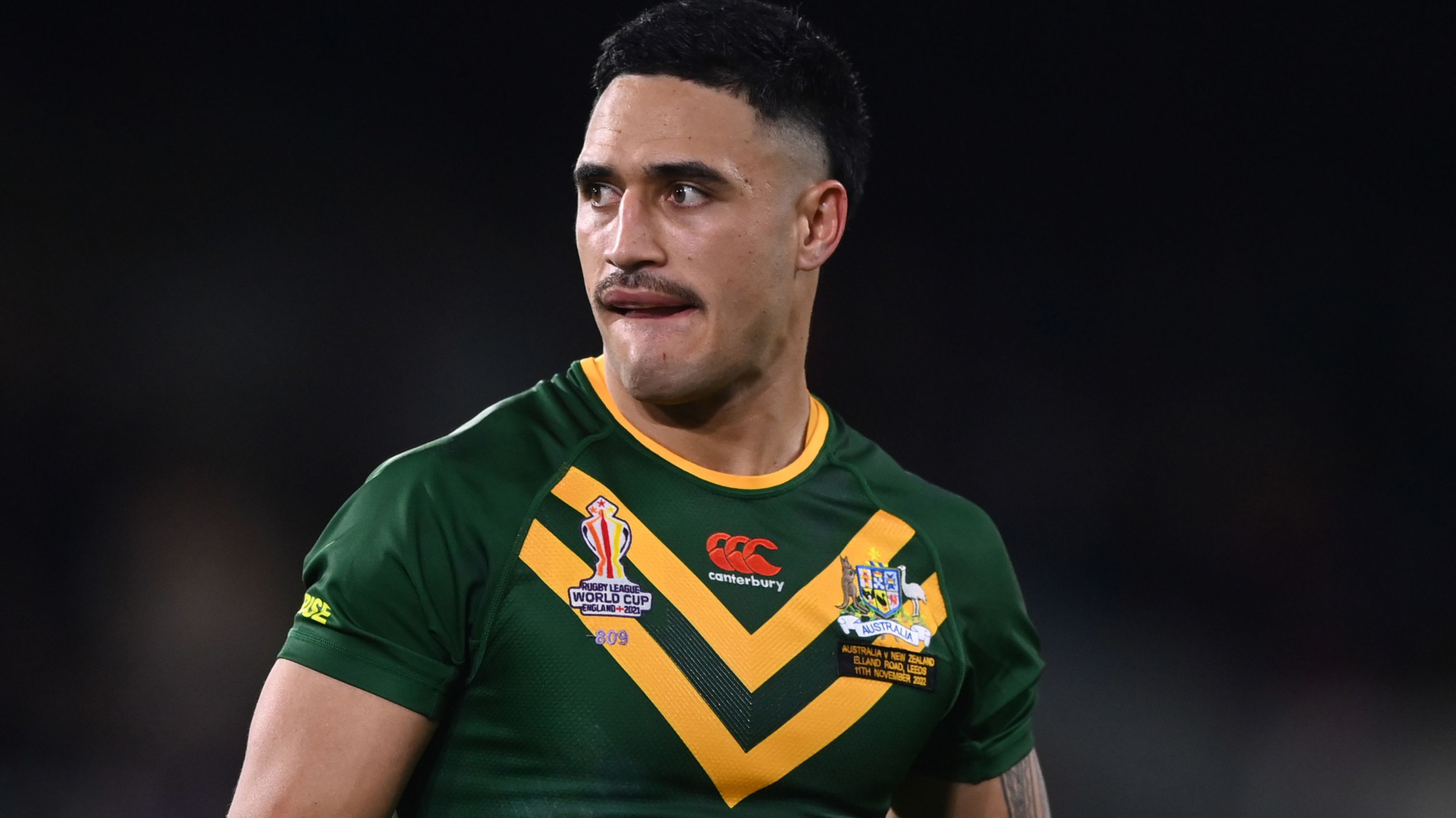 LEEDS, ENGLAND - NOVEMBER 11: Valentine Holmes of Australia during the Rugby League World Cup Semi-Final match between Australia and New Zealand at Elland Road on November 11, 2022 in Leeds, England. (Photo by Gareth Copley/Getty Images)