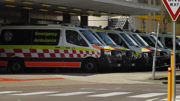 Ambulances near the entrance to the John Hunter Hospital. New Lambton Heights, NSW. 10th September, 2021. Photo: Kate Geraghty