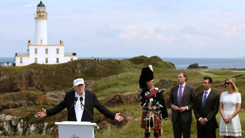 Donald Trump at the Turnberry golf club in Scotland. (AAP)