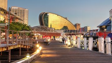 Evening shot of almost completed The Ribbon building in Darling Harbour, Barangaroo district of Sydney, New South Wales, Australia. The building is designed by HASSELL and due 