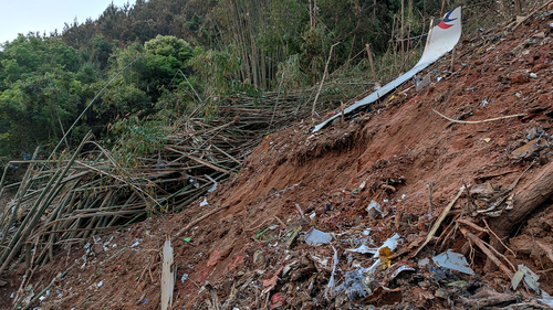 A piece of wreckage of the China Eastern's flight MU5735 are seen after it crashed on the mountain in Tengxian County, south China's Guangxi Zhuang Autonomous Region on Monday, March 21, 2022. 