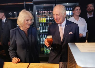 King Charles III and Camilla, Queen Consort toast to their final reception at Schuppen 52 on March 31, 2023 in Hamburg, Germany.  