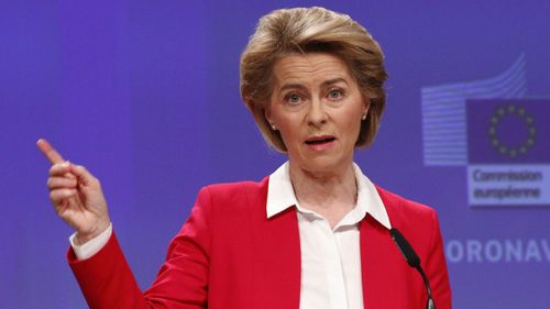 European Commission President Ursula von der Leyen speaks during a media conference, detailing EU efforts to limit the economic impact of the Covid-19 outbreak, at EU headquarters in Brussels, Thursday, April 2, 2020