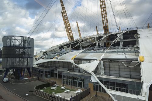 Damage is seen on the roof of the O2 Arena, formerly known as the Millennium Dome, on February 18, 2022 in London