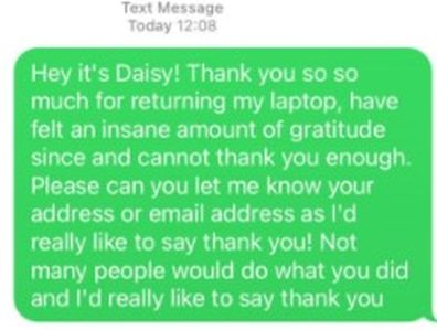 Daisy Morris' message of thanks to Nahid, the stranger who returned to lost laptop.