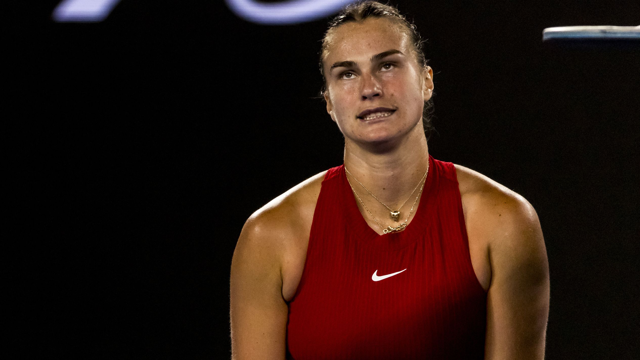 Aryna Sabalenka of Belarus shows her frustration during the quarter-finals of the 2024 Australian Open.