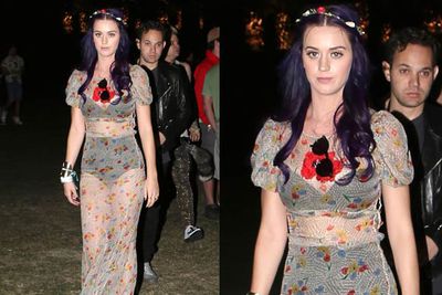 Katy's purple hair isn't enough to distract us from what she's wearing. It shouldn't be (the dress is <i>see-through</i>), but it's all a little blah.<br/><br/><br/><i>Katy Perry at Coachella Festival 2012<br/>Image: Snappermedia</i>