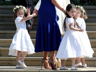 The Duchess of Cambridge with Princess Charlotte and other bridesmaids arrive at St George's Chapel in Windsor Castle for the wedding of Prince Harry and Meghan Markle. (Photo by Jane Barlow/PA Images via Getty Images)