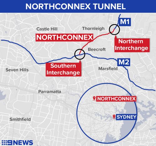 Map showing 9km-long NorthConnex tunnel in Sydney's north. 