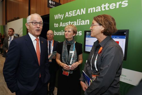 Mr Turnbull arrives for a Marketplace walk through at the ASEAN summit. Picture: AAP