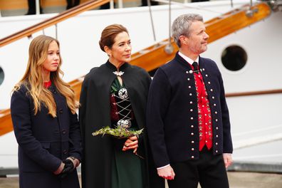 Danish King Frederik X, Danish Queen Mary, centre, and Princess Josephine arrive with the Royal Yacht at Bursatangi in Torshavn in the Faroe Islands,  Wednesday, June 11, 2025. (Ida Marie Odgaard/Ritzau Scanpix via AP)