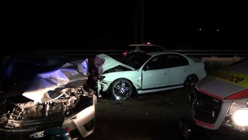 A major emergency services response was required to treat each of the six people in the two cars that were hit, while the driver of the stolen vehicle attempted to run away. Picture: 9NEWS.