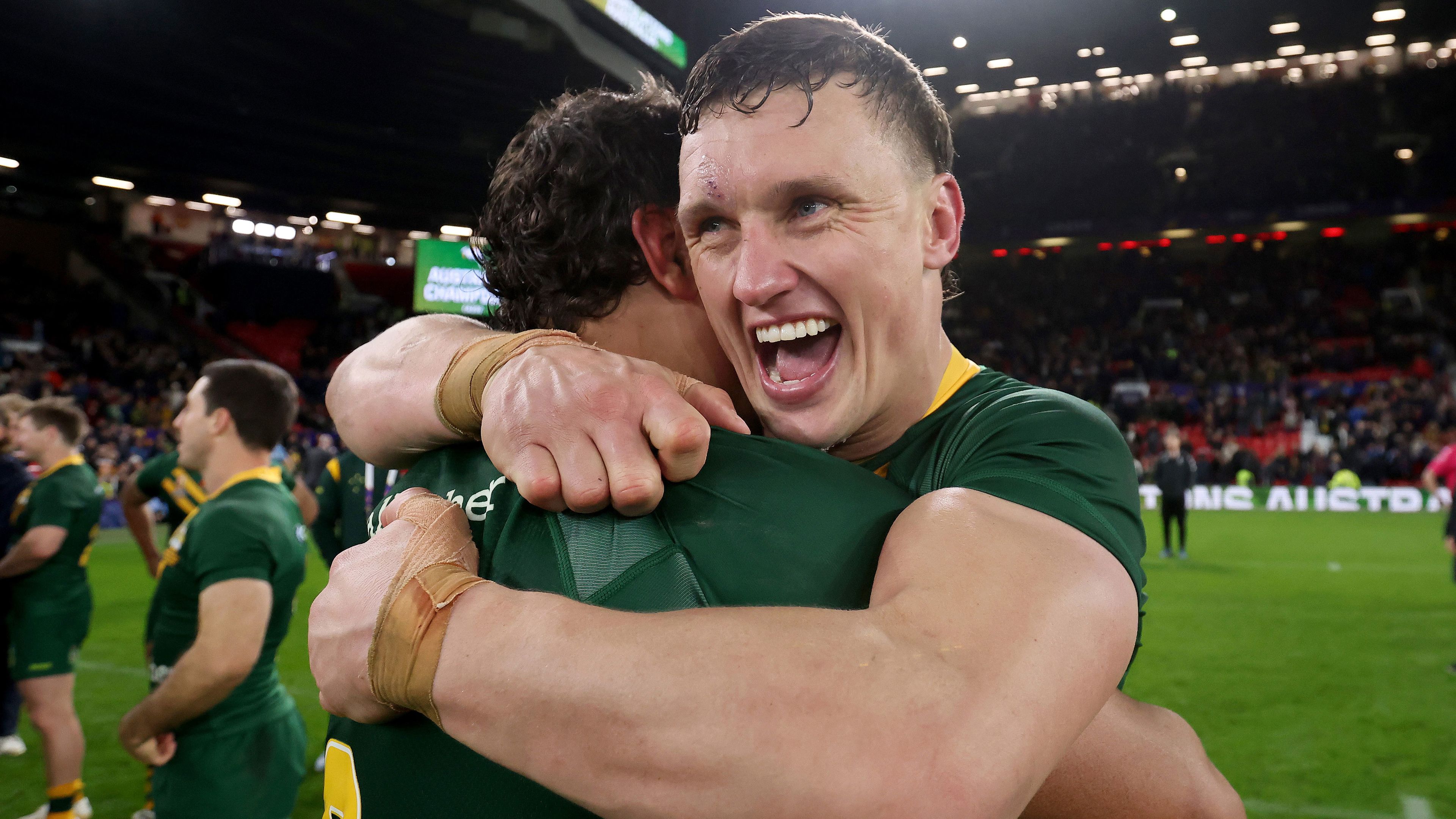 Jack Wighton and Latrell Mitchell celebrate Australia&#x27;s victory in the World Cup final in 2022.