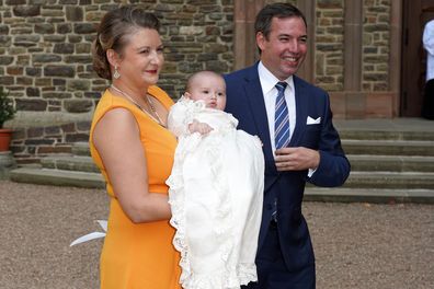 CLERVAUX, LUXEMBOURG - SEPTEMBER 19: Hereditary Grand Duchess Stephanie of Luxembourg and Hereditary Grand Duke Guillaume of Luxembourg with their son Prince Charles of Luxembourg arrive for Prince Charles' baptism at l'Abbaye St Maurice on September 19, 2020 in Clervaux, Luxembourg. (Photo by Sylvain Lefevre/Getty Images)