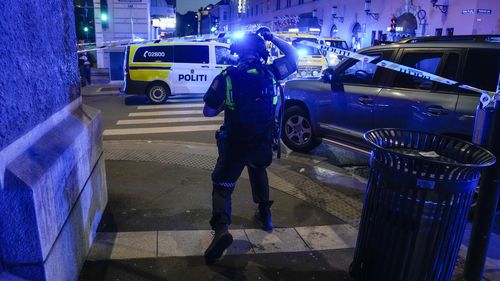 Police gather at the site of a mass shooting in Oslo, early Saturday, June 25, 2022. Norwegian police say a few people have been killed and more than a dozen injured in a mass shooting. (Javad Parsa/NTB via AP)