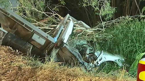 A man was cut from a truck after it careered down an embankment. 