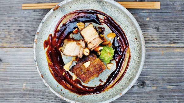 Slow-cooked barbecued red miso pork belly