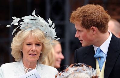 Camilla and Prince Harry attend the wedding of Peter Phillips and Autumn Kelly at St. George's Chapel on May 17, 2008.