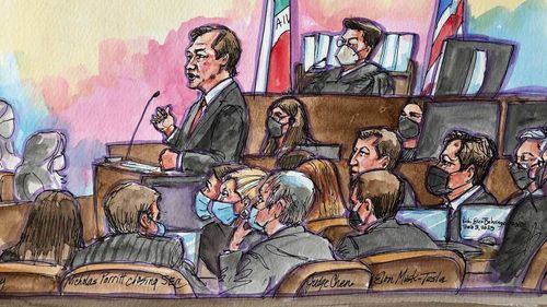 A courtroom sketch shows Elon Musk seated during the proceedings.