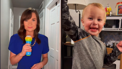 Left: Reporter mum holding toy microphone. Right: Two year-old who threw a tantrum at a restaurant.