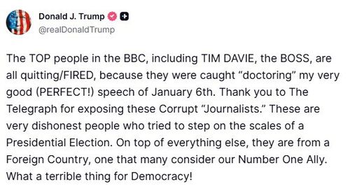 Numa publicação no Truth Social, o presidente dos EUA, Donald Trump, comenta a BBC e alega que alterou imagens do seu discurso de 6 de janeiro.