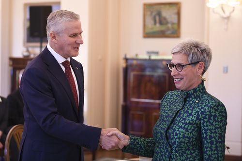 Michael McCormack is sworn in at Government House in Canberra by the Governor of Victoria, Linda Dessau, who was standing in for the Governor-General. Picture: AAP